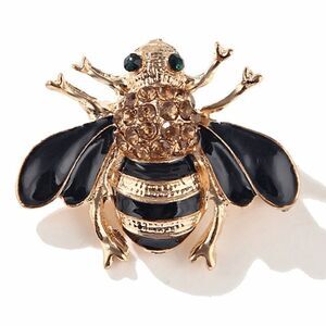 Cottagecore Bee Brooch Gold and Black Tone, Sparkling Jewel accents